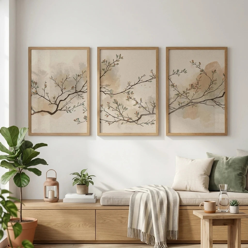 Quadro Decorativo Botânico Japandi Kit 3 Peças