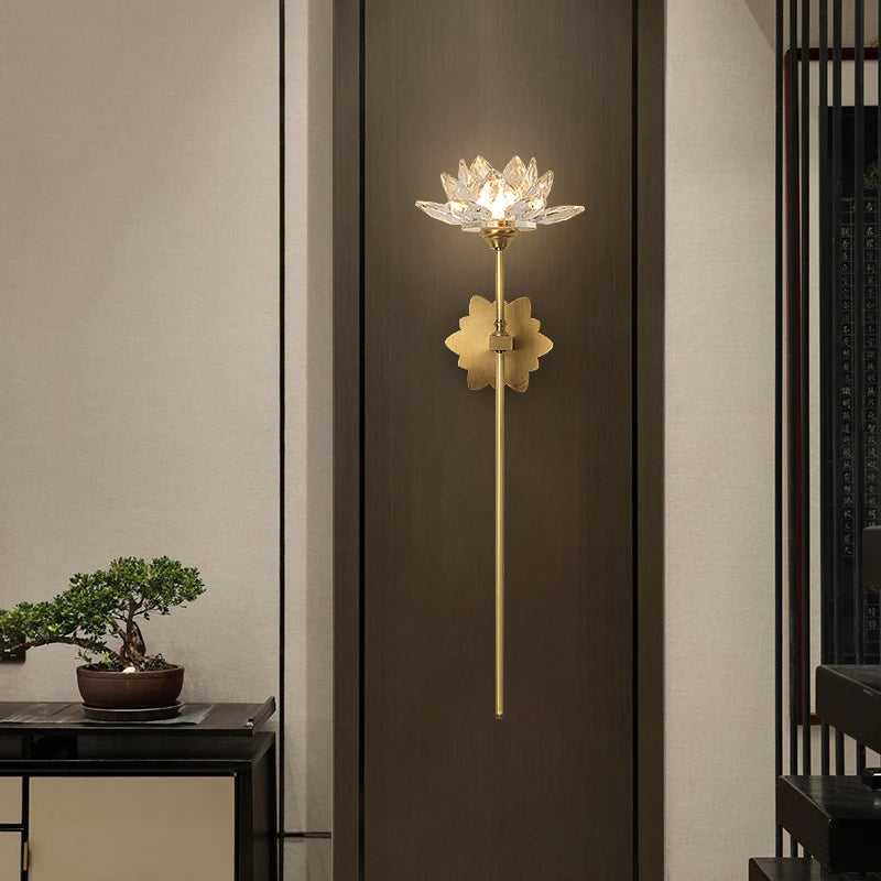 Arandela de cristal dourada, Arandela flor de lótus, Luminária  de parede, Luminária decorativa dourada