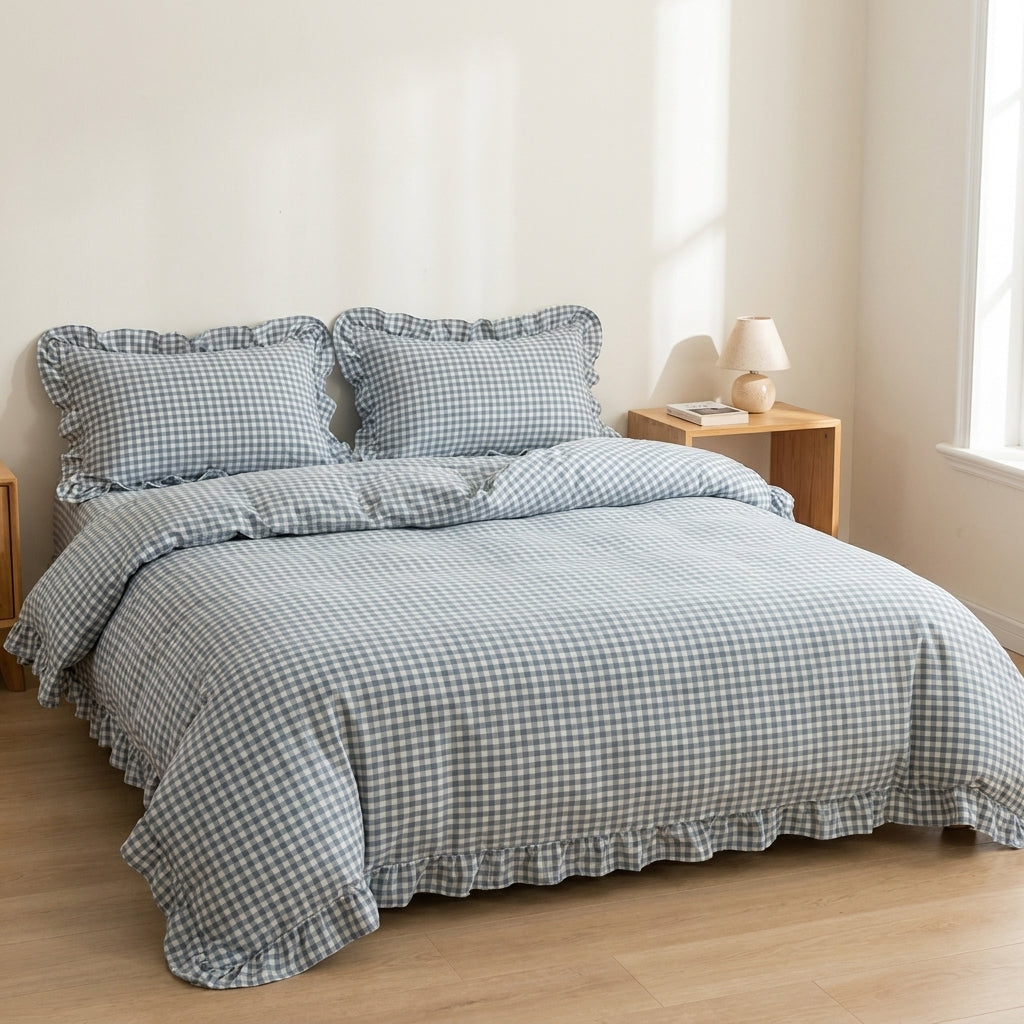 Jogo de Cama Duvet Xadrez 3 Peças - Azul Fosco
